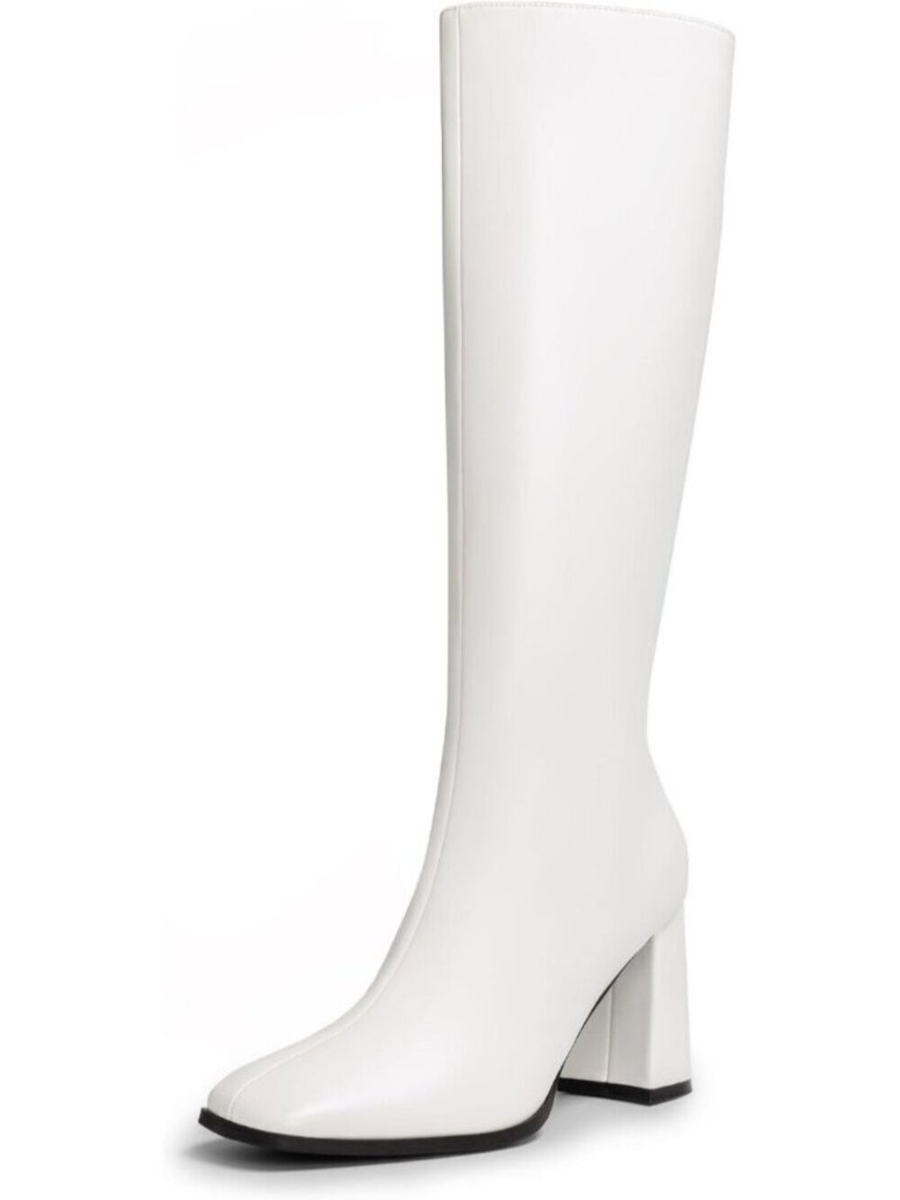 DREAM PAIRS Women's White-pu Knee High Chunky Gogo Boots Square Toe Side Zip